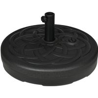 Black round parasol base with decorative pattern, adjustable knob, suitable for 25kg water or 35kg sand fill.