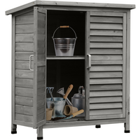 Grey wooden garden shed with two doors, slatted design, and metal handles, featuring shelves inside for storage.