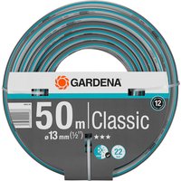 Gardena Classic Hose 50m, blue and gray coiled garden hose with Gardena logo on packaging.