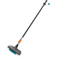 Gardena patio cleaning brush set with long black handle, blue bristles, and orange connector.