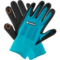 Blue Gardena gardening gloves, large size, with black non-slip palms and orange dot accents on fingertips.