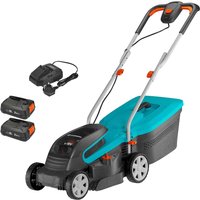 Blue and black Gardena cordless rotary lawnmower with 320mm blade, dual batteries, charger, and ergonomic handle.
