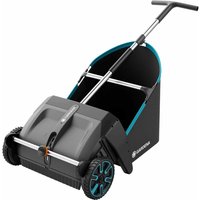 Gardena push leaf collector with black and teal design, large wheels, and ergonomic handle for lawn and patio use.