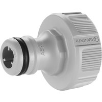 Gardena Threaded Tap Connector, gray plastic with ribbed grip and black O-ring, for hose attachment.