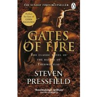 "Gates of Fire" book by Steven Pressfield, features a bronze helmet on a textured brown background.