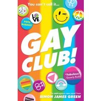 Colorful book cover "Gay Club!" with rainbow stripes, smiley face, peace sign, and various LGBTQ+ symbols.