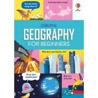 "Usborne Geography for Beginners book with colorful illustrations of volcano, city skyline, and space scenes"