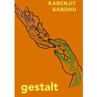 Orange book cover titled "Gestalt" by Karenjit Sandhu, featuring abstract line drawings of hands.