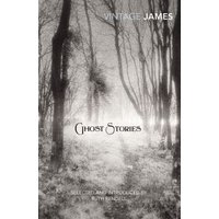 "Ghost Stories book with black and white cover depicting a foggy forest path lined with bare trees."