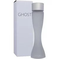 Ghost The Fragrance Eau De Toilette 50ml, frosted glass bottle with hourglass shape and silver cap, next to white box.