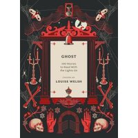 "Ghost" book with red gothic frame, skulls, candles, and spider webs on dark background.