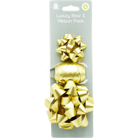 Gold Giftmaker luxury ribbon and bow set with two star bows and one large bow on a gray packaging card.