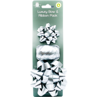 Silver Giftmaker luxury ribbon and bow set with two star bows and one curled ribbon on green packaging.
