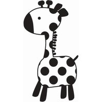 Black and white cartoon giraffe stamp by Hampton Art, featuring large spots, a curly neck, and a simple, playful design.