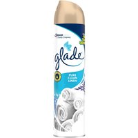 Glade Pure Clean Linen air freshener aerosol, 300ml, white can with blue accents and beige cap.