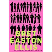 Pink cover of "Glamorama" book by Bret Easton Ellis with black silhouettes of people and bold yellow-green text.