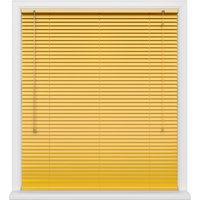Yellow horizontal window blinds with white frame and pull cords on the left side.