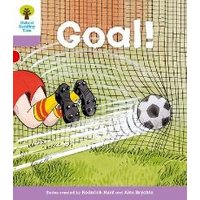 Children's book "Goal!" with soccer ball hitting net, player in red shorts and black cleats, part of Oxford Reading Tree series.