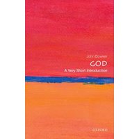 "Book titled 'God: A Very Short Introduction' by John Bowker, with a red and orange abstract cover design"