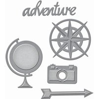 "Silver metal die set with compass, globe, camera, arrow, and 'adventure' text design elements"