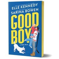 "Yellow and blue paperback book 'Good Boy' by Elle Kennedy and Sarina Bowen, featuring a couple and a white dog on cover"