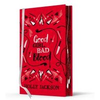 Red hardcover book "Good Girl, Bad Blood" by Holly Jackson with white and black text, ribbon bookmark.
