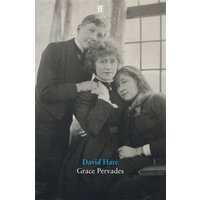 "Grace Pervades book by Faber & Faber, features a vintage black-and-white photo of three people in formal attire."