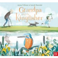 Children's book "Grandpa and the Kingfisher" with illustrated nature scene and characters by a pond.