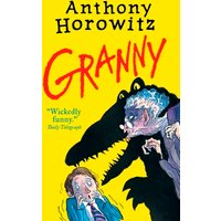 Yellow cover of "Granny" by Anthony Horowitz, featuring a menacing granny with blue hair and a crocodile shadow.