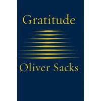 Navy blue book cover titled "Gratitude" by Oliver Sacks, featuring yellow horizontal lines.
