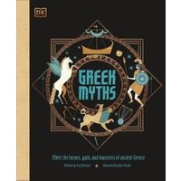 "Greek Myths hardcover book with black cover, gold and teal illustrations of mythical creatures and ancient symbols"