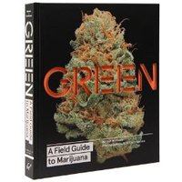 "Green book titled 'A Field Guide to Marijuana' featuring a detailed cannabis bud on the cover against a black background"