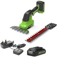Greenworks green and black cordless grass and shrub shears with red blade, 2.0Ah battery, and standard charger.