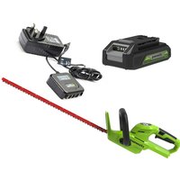 Greenworks 56cm green hedge trimmer with twist handle, red blade, 2.0Ah battery, and 0.5A charger.