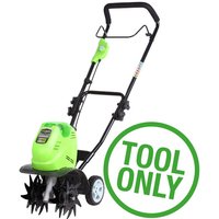 Greenworks GWG40TL 25cm 40V Cultivator, bright green body, black handle, dual wheels, tool only.