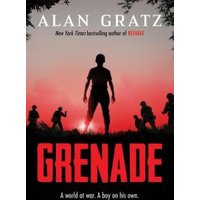 "Book cover for 'Grenade' by Alan Gratz, featuring silhouetted soldiers against a red sky with black foliage."