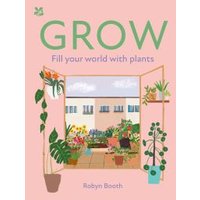 "Grow book with pink cover, illustrated plants, and open window showing a garden scene."