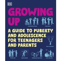 "Growing Up book with blue cover, pink title, and illustrations of teenagers and parents discussing puberty and adolescence"