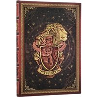 Gryffindor journal with lion crest, ornate gold detailing, red border, and elastic band closure.