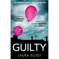 Book cover for "Guilty" by Laura Elliot, featuring a pink balloon against a cloudy sky with silhouetted rooftops.