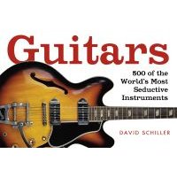 "Book cover featuring a sunburst electric guitar with f-holes and chrome pickups, titled 'Guitars' by David Schiller"