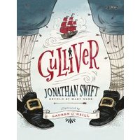 "Book cover for 'Gulliver' by Jonathan Swift, featuring a red ship and illustrated legs in blue pants and black shoes"