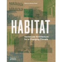 "Habitat book cover with green and brown collage of architectural images, subtitle 'Vernacular Architecture for a Changing Climate'"
