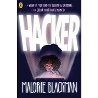 "Hacker book by Malorie Blackman, features a girl with curly hair using a computer, glowing title above."