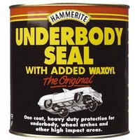 Black Hammerite Underbody Seal tin, 500ml, with yellow text and car illustration, features added Waxoyl formula.