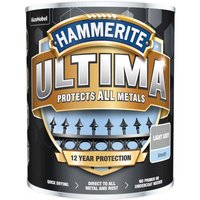 Hammerite Ultima Metal Paint, smooth light grey, 750ml can with protective metal fence design on label.