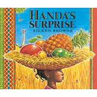 Children's book "Handa's Surprise" with colorful fruits on a girl's head against a vibrant blue and orange background.