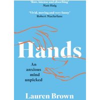 "Blue book cover titled 'Hands' with illustrations of two hands reaching, by Lauren Brown"