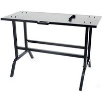Black Handy Log Splitter Table Stand with sturdy metal frame and rectangular top, featuring a handle and support bars.
