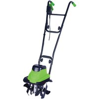 Green and black Handy THET-A 30cm 800W electric tiller with ergonomic handles and four steel tines.